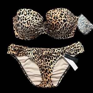 Victorias Secret Swim Set Bandeau Halter Bikini top and Cheeky Bottoms Leopard